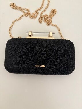Vince Camuto Women's Evening Clutch Bag Faux Stingray Texture BLACK gold CHAIN